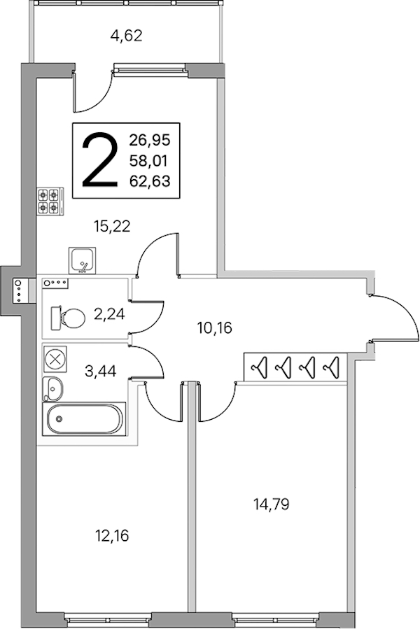 2-комнатная квартира 60.32 м², 1/4 эт., ЖК «Любоград в Стрельне»